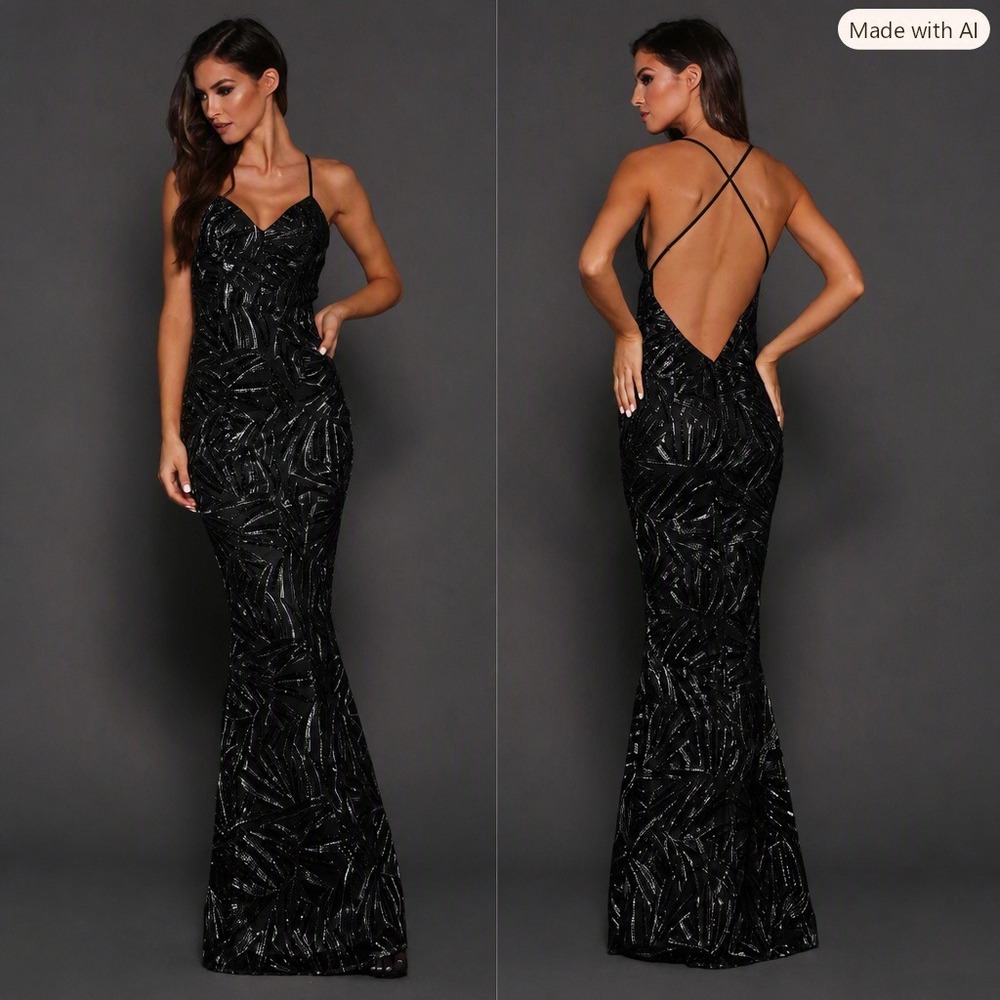Elle Zeitoune Black Baylee Sequin Open Back Gown Womens 10 NWT